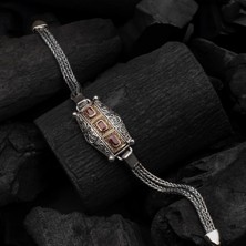 Kırmızı Üç Taş Motifli 925 Ayar Gümüş Erkek Bileklik