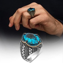 Oval Aqua Mavi Taşlı 925 Gümüş Erkek Yüzük