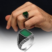 Yeşil Akik Taşlı Kare 925 Erkek Gümüş Yüzük