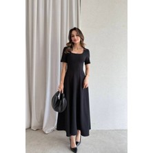 Varyete Kare Yaka Kloş Maxi Boy Elbise