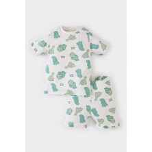 DeFacto %100 Pamuklu Dinozor Baskılı Beli Lastikli Pijama Takımı Erkek Bebek E1178A525SM