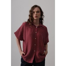 Nidam Butik Yarım Balon Kol Çizgili Gömlek - Bordo