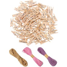 Naturel Mini Mandal Ahşap 50 Adet ve Jüt Kırnap Ipi 3 Adet Dekoratif Süsleme Fotoğraf Asma Mandalı Dekarasyon