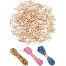 Naturel Mini Mandal Ahşap 50 Adet ve Jüt Kırnap Ipi 3 Adet Fotoğraf Asma Mandalı Dekarasyon Süsleme Dekoratif