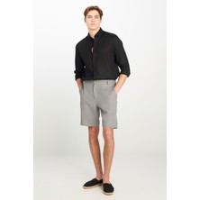 %100 Keten Regular Fit Normal Kesim Lastik Bel Detaylı Koyu Gri Şort
