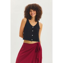 Basic Düğmeli Kısa Bluz Siyah