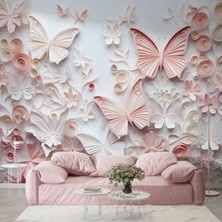 3D Pembe Kabartma Kelebek Duvar Kağıdı Baskı