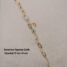 Hazemy Yonca ve Nazar Boncuklu Gold Renk Asansör Kilitli Çelik Şans Bilekliği