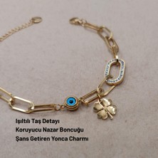 Hazemy Yonca ve Nazar Boncuklu Gold Renk Asansör Kilitli Çelik Şans Bilekliği