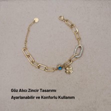 Hazemy Yonca ve Nazar Boncuklu Gold Renk Asansör Kilitli Çelik Şans Bilekliği