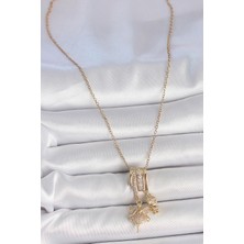 316L Çelik Gold Renk Zirkon Taşlı Sallantı Melek Figür Charm Kadın Kolye SL11587