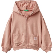  Kız Çocuk Bej Cebi Logo Detaylı Fermuarlı Kapüşonlu Sweatshirt