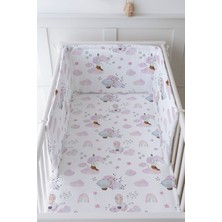 Tuğba Kuğu Bebek Başucu Koruyucu ve Baskılı Çarşaflı Uyku Seti - Iconic Serisi - Pembe Hava Balonlu Gökkuşağı