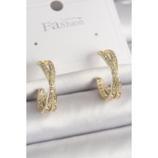 Pirinç Gold Renk Zirkon Taşlı Sarmal Halka Model Kadın Küpe