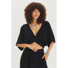 Clandestino Arkadan Bağlamalı Bohem Crop Bluz Kiremit