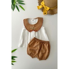 Miniğimin Cicileri Yaka Nakış Detaylo Şortlu Kız Bebe 2 li takım - Kahverengi