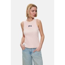 Ucla SALINAS Toz Pembe Sıfır Kol Nakışlı %100 Pamuk Standard Fit Kadın Tshirt