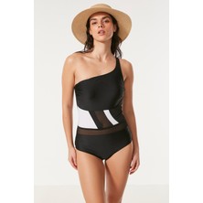 C&city Tek Omuz Tül Detaylı Mayo 7532 Siyah