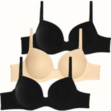 3'lü Paket Dolgusuz Yumuşak Kaplı Örme Sütyen C37025 Siyah/ten