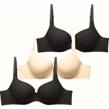 3'lü Paket Dolgusuz Yumuşak Kaplı Örme Sütyen C37010 Siyah/ten