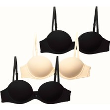 3'lü Paket Double Push Up Straplez Yumuşak Kaplı Örme Sütyen C37040 Siyah/ten