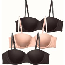 3'lü Paket Push Up Straplez Yumuşak Kaplı Örme Sütyen C38025 Siyah/ten