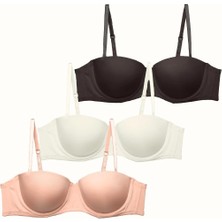 3'lü Paket Push Up Straplez Yumuşak Kaplı Örme Sütyen C38025 Siyah/beyaz/ten