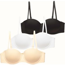 3'lü Paket Dolgusuz Straplez Yumuşak Kaplı Örme Sütyen C37050 Siyah/beyaz/ten