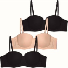 3'lü Paket Dolgusuz Straplez Yumuşak Kaplı Örme Sütyen C38020 Siyah/ten