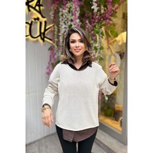 Eswomes Bisiklet Yaka Oversize Triko Ekru