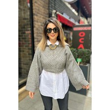 Eswomes Kapşonlu Kimono Crop Gümüş