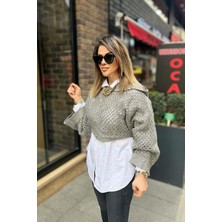 Eswomes Kapşonlu Kimono Crop Gümüş