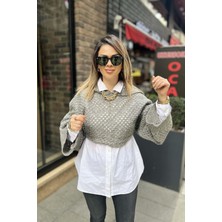 Eswomes Kapşonlu Kimono Crop Gümüş