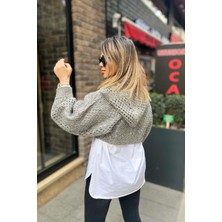 Eswomes Kapşonlu Kimono Crop Gümüş