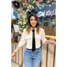 Eswomes Kendiliğinden Kravatlı Crop Gömlek Beyaz