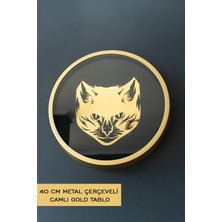 Premium 40  cm  Gold Renk Metal Çerçeveli Camlı Gold Kedi Tablosu