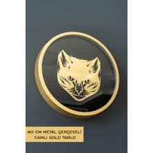 Premium 40  cm  Gold Renk Metal Çerçeveli Camlı Gold Kedi Tablosu