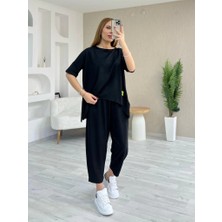 Kadın Kısa Kollu Bisiklet Yaka Viskon Iki Iplik Bluz ve Pantolon Ikili Takım