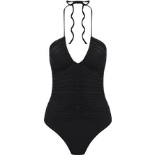 Halter Yaka Büzgülü Siyah Mayo