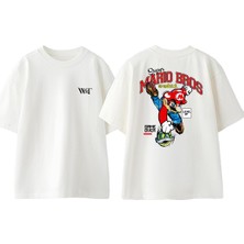 Super Marıo Bros Tasarım Sırt Baskılı Pamuk Beyaz Oversize T-Shirt