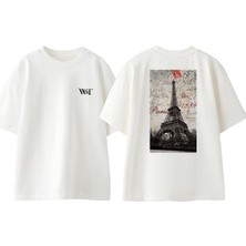 Paris 1889 Eyfel Kulesi Tasarım Sırt Baskılı Pamuk Beyaz Oversize T-Shirt