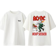 Ac Dc Heat Seekeb Tasarım Sırt Baskılı Pamuk Beyaz Oversize T-Shirt