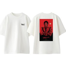 Michael Thriller Tasarım Sırt Baskılı Pamuk Beyaz Oversize T-Shirt