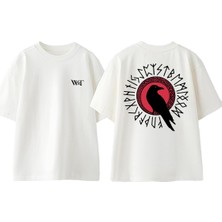 Viking Karga Tasarım Sırt Baskılı Pamuk Beyaz Oversize T-Shirt