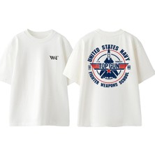 Top Gun Tasarım Sırt Baskılı Pamuk Beyaz Oversize T-Shirt