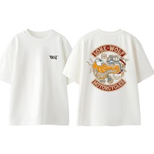 Lone Wolf Motorcycles Tasarım Sırt Baskılı Pamuk Beyaz Oversize T-Shirt