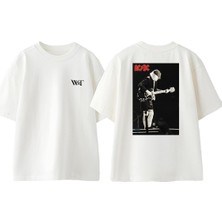 Acdc Angus Young Tasarım Sırt Baskılı Pamuk Beyaz Oversize T-Shirt