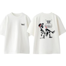 Zhan Monkey D Luffy Tasarım Sırt Baskılı Pamuk Beyaz Oversize T-Shirt