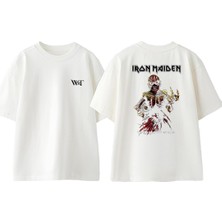Iron Maiden The Book Tasarım Sırt Baskılı Pamuk Beyaz Oversize T-Shirt
