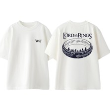 Yüzük Tasarım Sırt Baskılı Pamuk Beyaz Oversize T-Shirt